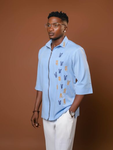 sky blue floral embroidered zip collar shirt