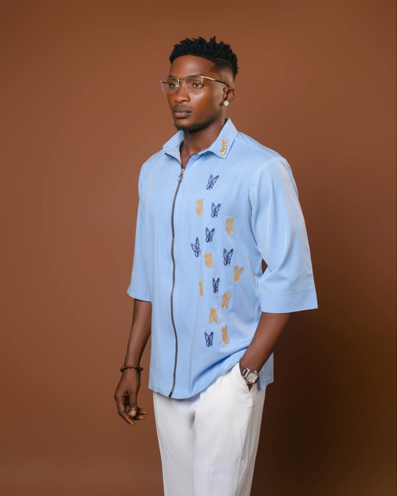 sky blue floral embroidered zip collar shirt