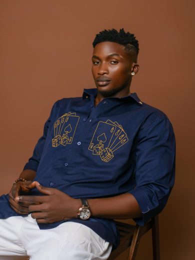 navy blue embroiderd semispread collar shirt